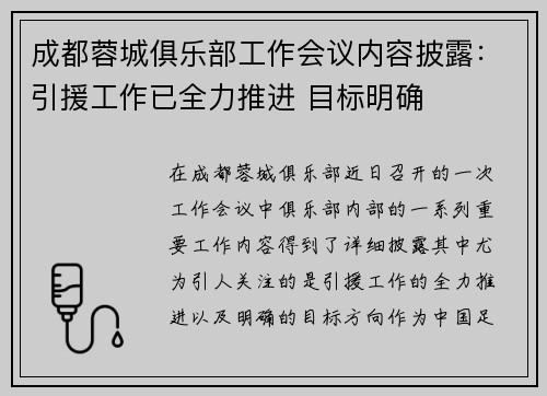 成都蓉城俱乐部工作会议内容披露：引援工作已全力推进 目标明确