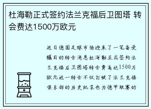 杜海勒正式签约法兰克福后卫图塔 转会费达1500万欧元
